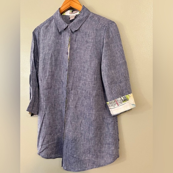 Chicos No Iron. 100% Linen Chambray Blue Shirt Top 3/4 Sleeves Size 1/10 - Picture 2 of 13